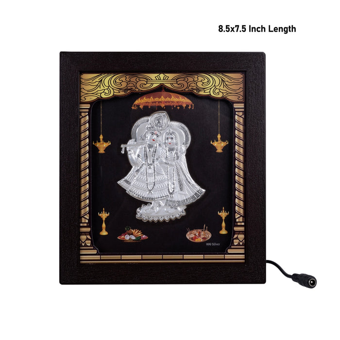 Radha Krishna Murti Photo Frame- 8.5 x 7.5 Inches | 999 Silver Foil Wall Picture Frame/Led Wall Decor For Pooja - Hindu God Photos & Frames