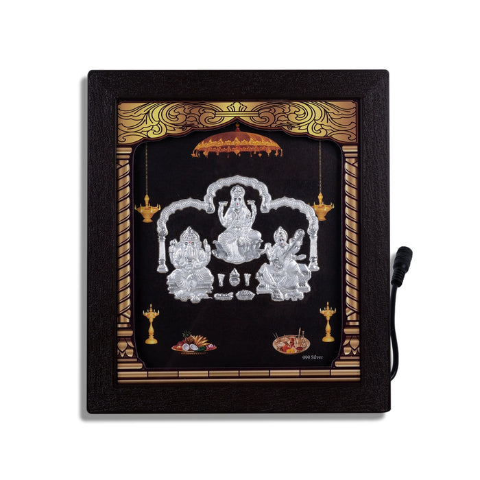 Lakshmi Ganesh Saraswati Murti Photo Frame- 8.5 x 7.5 Inches | 999 Silver Foil&Led Wall Picture Frame For Pooja - Hindu God Photos & Frames
