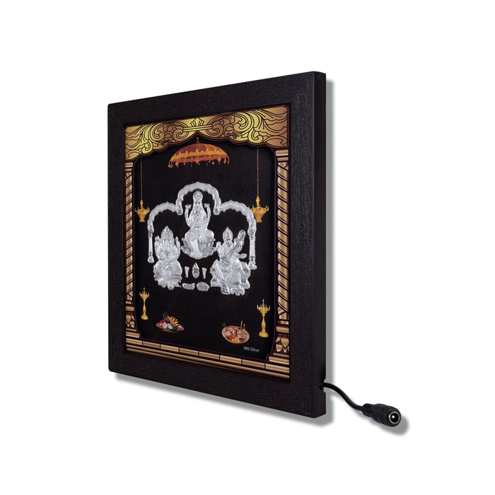 Lakshmi Ganesh Saraswati Murti Photo Frame- 8.5 x 7.5 Inches | 999 Silver Foil&Led Wall Picture Frame For Pooja - Hindu God Photos & Frames