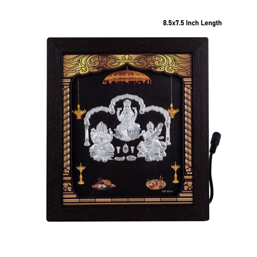 Lakshmi Ganesh Saraswati Murti Photo Frame- 8.5 x 7.5 Inches | 999 Silver Foil&Led Wall Picture Frame For Pooja - Hindu God Photos & Frames