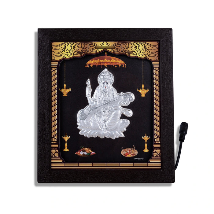Saraswati Murti Photo Frame- 8.5 x 7.5 Inches | 999 Silver Foil Led Wall Decor/Wall Picture Frame For Puja Room - Hindu God Photos & Frames