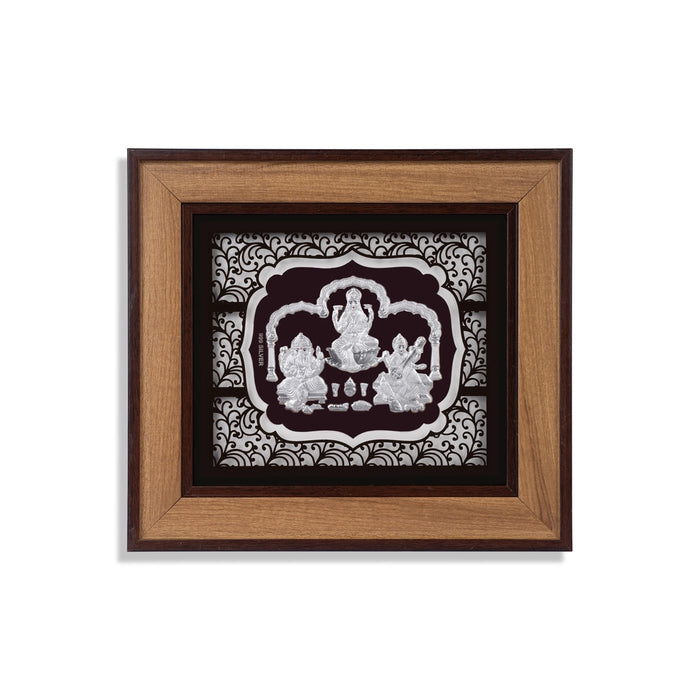 Lakshmi Ganesh Saraswati Murti Photo Frame- 9 x 10 Inches | 999 Silver Foil Picture Frame/Wall Decor For Pooja - Hindu God Photos & Frames