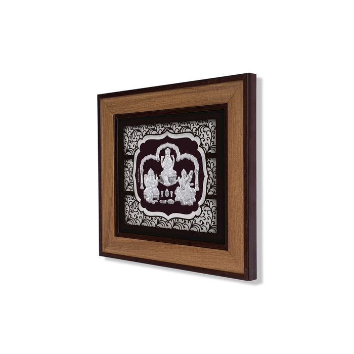 Lakshmi Ganesh Saraswati Murti Photo Frame- 9 x 10 Inches | 999 Silver Foil Picture Frame/Wall Decor For Pooja - Hindu God Photos & Frames