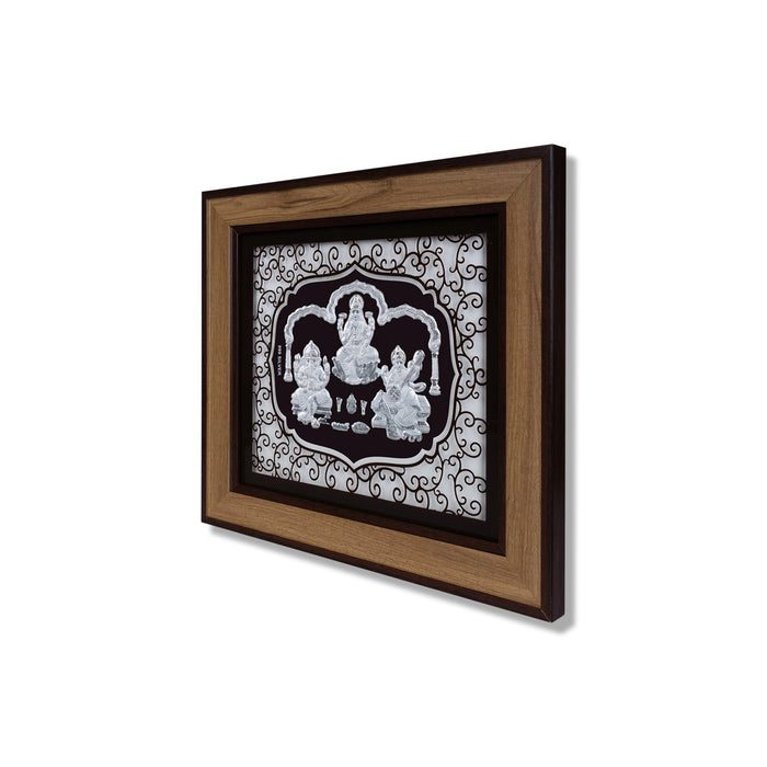 Lakshmi Ganesh Saraswati Murti Photo Frame- 12 x 11 Inches | 999 Silver Foil Wall Decor/ Picture Frame For Pooja - Hindu God Photos & Frames