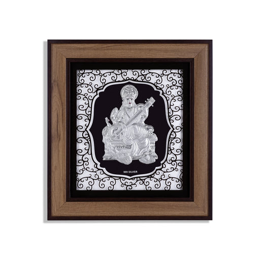 Saraswati Murti Photo Frame - 12 x 11 Inches | 999 Silver Foil Wall Picture Frame/ Wall Decor For Puja Room - Hindu God Photos & Frames