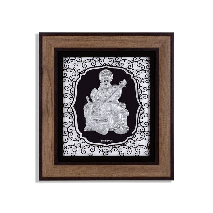 Saraswati Murti Photo Frame - 12 x 11 Inches | 999 Silver Foil Wall Picture Frame/ Wall Decor For Puja Room - Hindu God Photos & Frames