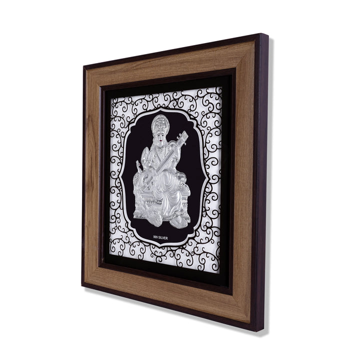 Saraswati Murti Photo Frame - 12 x 11 Inches | 999 Silver Foil Wall Picture Frame/ Wall Decor For Puja Room - Hindu God Photos & Frames