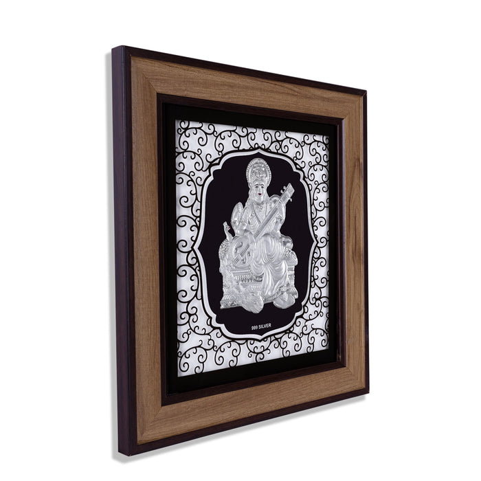 Saraswati Murti Photo Frame - 12 x 11 Inches | 999 Silver Foil Wall Picture Frame/ Wall Decor For Puja Room - Hindu God Photos & Frames