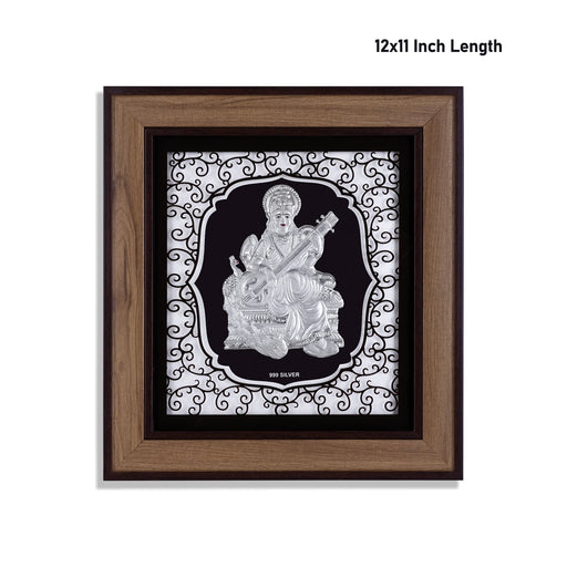 Saraswati Murti Photo Frame - 12 x 11 Inches | 999 Silver Foil Wall Picture Frame/ Wall Decor For Puja Room - Hindu God Photos & Frames