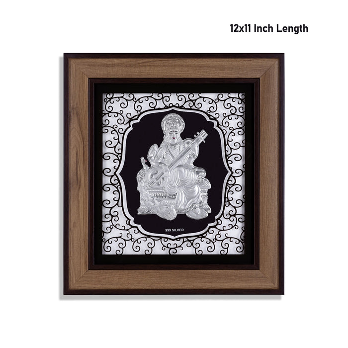 Saraswati Murti Photo Frame - 12 x 11 Inches | 999 Silver Foil Wall Picture Frame/ Wall Decor For Puja Room - Hindu God Photos & Frames
