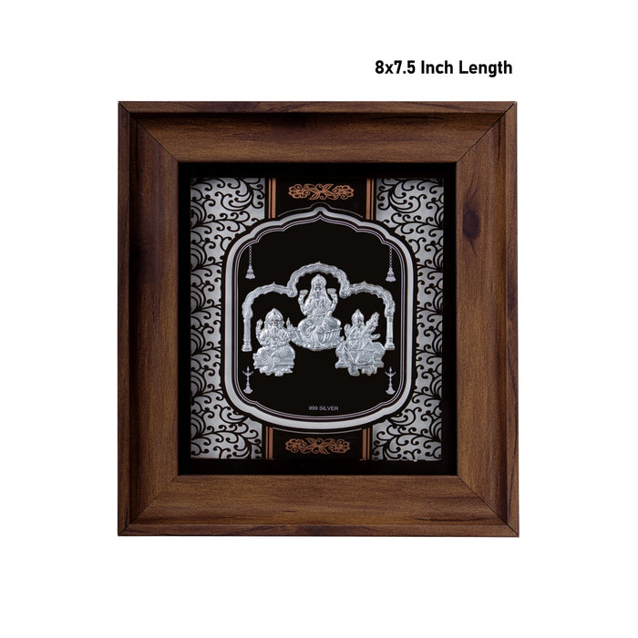 Lakshmi Ganesh Saraswati Murti Photo Frame- 8 x 7.5 Inches | 999 Silver Foil Picture Frame/Wall Decor For Pooja - Hindu God Photos & Frames