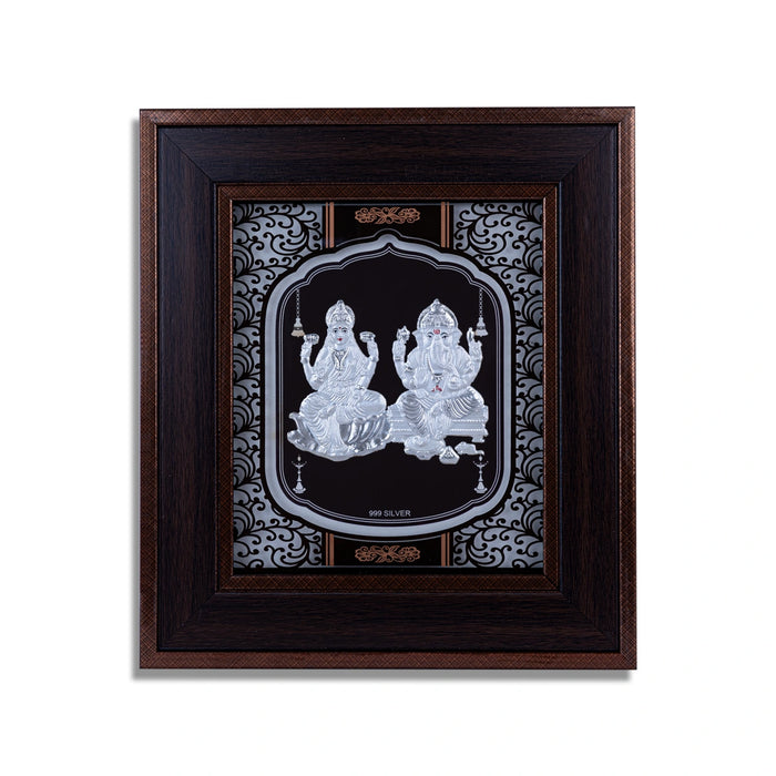 Lakshmi Ganesh Murti Photo Frame- 8.75 x 7.75 Inches | 999 Silver Foil Picture Frame/ Wall Decor For Puja Room - Hindu God Photos & Frames