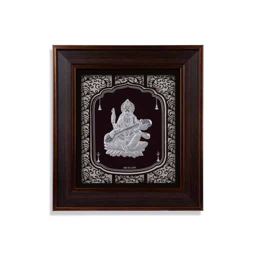 Saraswati Murti Photo Frame - 11 x 10 Inches | 999 Silver Foil Wall Picture Frame/ Wall Decor For Puja Room - Hindu God Photos & Frames