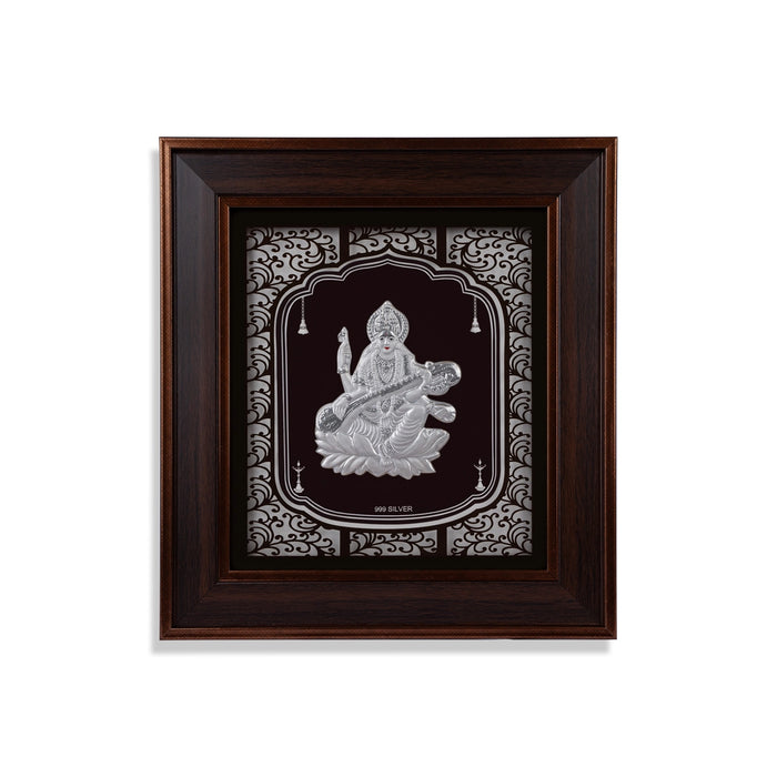 Saraswati Murti Photo Frame - 11 x 10 Inches | 999 Silver Foil Wall Picture Frame/ Wall Decor For Puja Room - Hindu God Photos & Frames