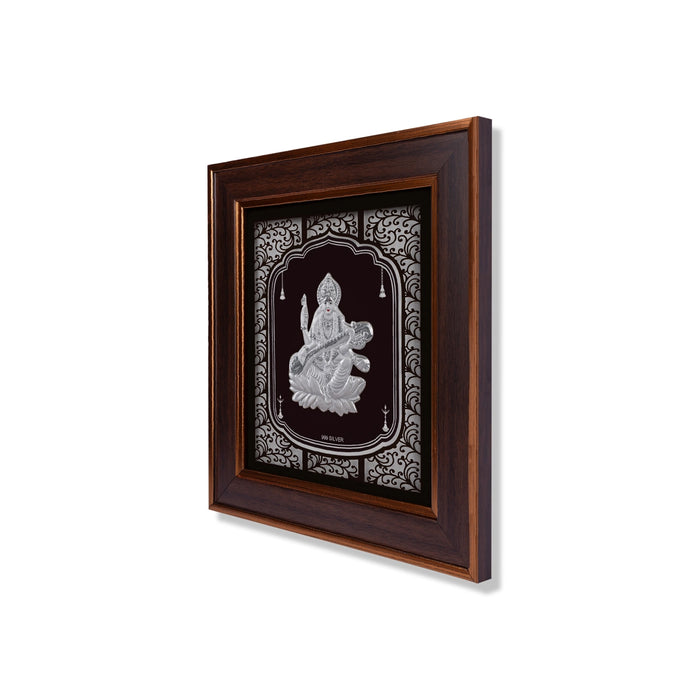 Saraswati Murti Photo Frame - 11 x 10 Inches | 999 Silver Foil Wall Picture Frame/ Wall Decor For Puja Room - Hindu God Photos & Frames