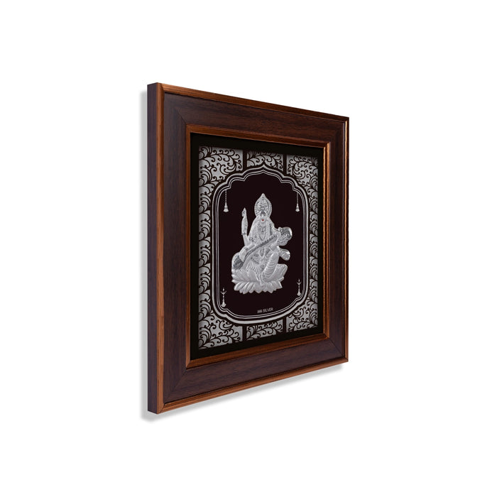 Saraswati Murti Photo Frame - 11 x 10 Inches | 999 Silver Foil Wall Picture Frame/ Wall Decor For Puja Room - Hindu God Photos & Frames