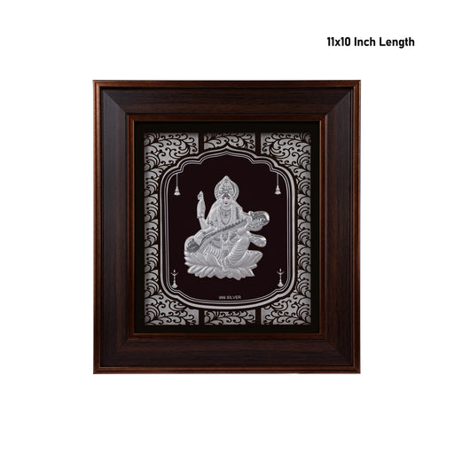 Saraswati Murti Photo Frame - 11 x 10 Inches | 999 Silver Foil Wall Picture Frame/ Wall Decor For Puja Room - Hindu God Photos & Frames
