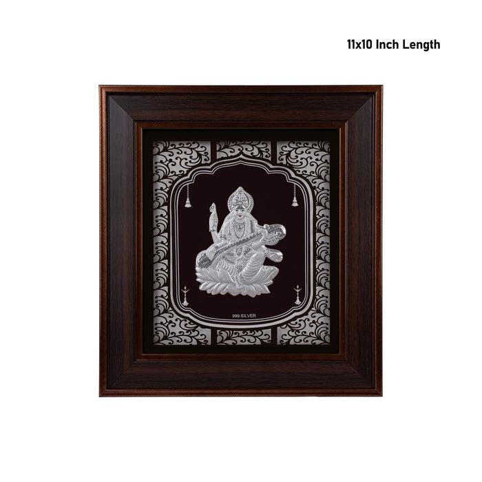 Saraswati Murti Photo Frame - 11 x 10 Inches | 999 Silver Foil Wall Picture Frame/ Wall Decor For Puja Room - Hindu God Photos & Frames