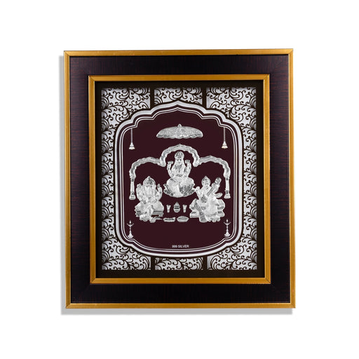 Lakshmi Ganesh Saraswati Murti Photo Frame- 12 x 11 Inches | 999 Silver Foil Wall Picture Frame For Puja Room - Hindu God Photos & Frames