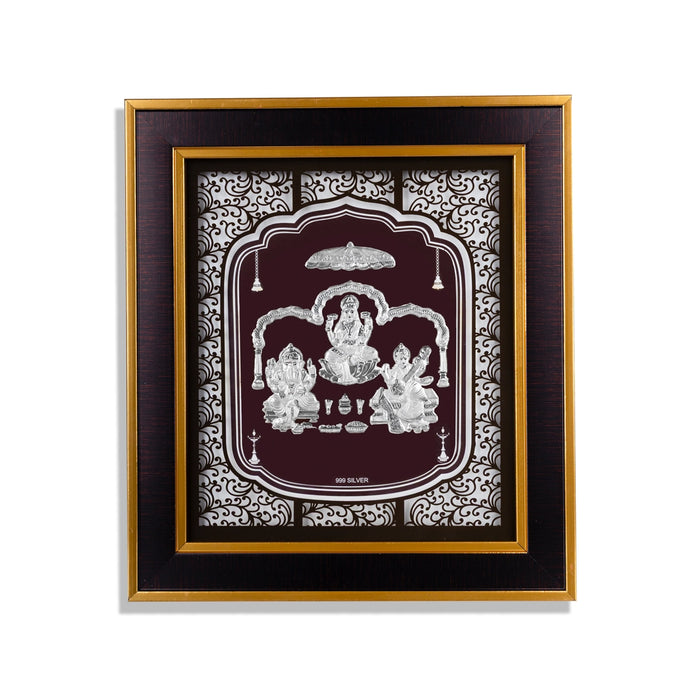 Lakshmi Ganesh Saraswati Murti Photo Frame- 12 x 11 Inches | 999 Silver Foil Wall Picture Frame For Puja Room - Hindu God Photos & Frames