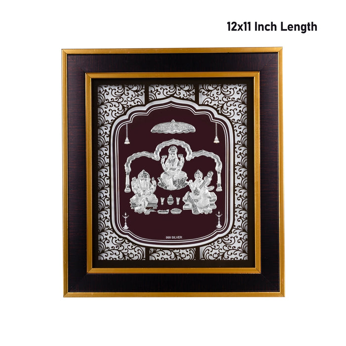 Lakshmi Ganesh Saraswati Murti Photo Frame- 12 x 11 Inches | 999 Silver Foil Wall Picture Frame For Puja Room - Hindu God Photos & Frames