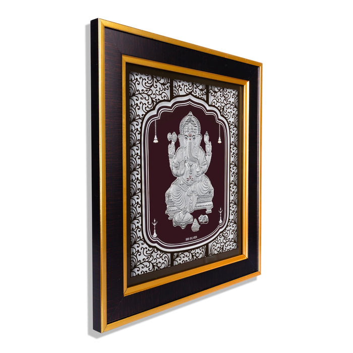 Ganesh Murti Photo Frame - 12 x 11 Inches | 999 Silver Foil Wall Picture Frame/ Wall Decor For Puja Room - Hindu God Photos & Frames