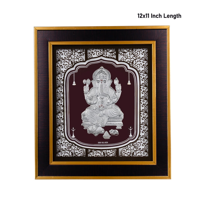 Ganesh Murti Photo Frame - 12 x 11 Inches | 999 Silver Foil Wall Picture Frame/ Wall Decor For Puja Room - Hindu God Photos & Frames