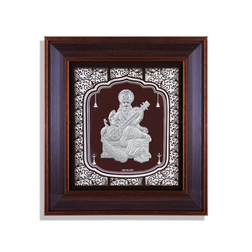 Saraswati Murti Photo Frame - 12 x 11 Inches | 999 Silver Foil Wall Picture Frame/ Wall Decor For Puja Room - Hindu God Photos & Frames