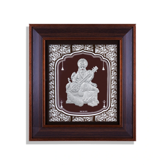 Saraswati Murti Photo Frame - 12 x 11 Inches | 999 Silver Foil Wall Picture Frame/ Wall Decor For Puja Room - Hindu God Photos & Frames