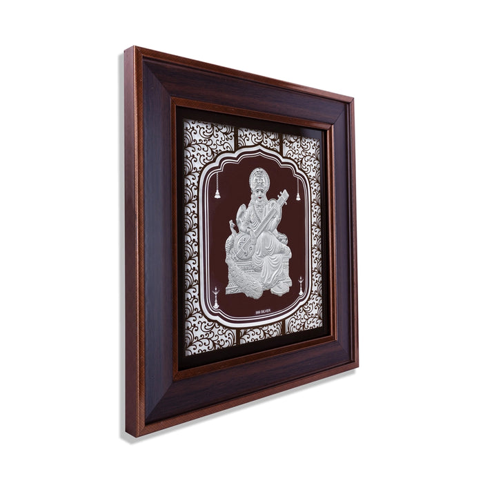 Saraswati Murti Photo Frame - 12 x 11 Inches | 999 Silver Foil Wall Picture Frame/ Wall Decor For Puja Room - Hindu God Photos & Frames