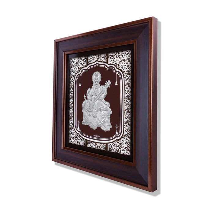 Saraswati Murti Photo Frame - 12 x 11 Inches | 999 Silver Foil Wall Picture Frame/ Wall Decor For Puja Room - Hindu God Photos & Frames