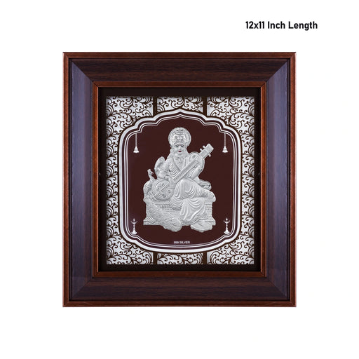 Saraswati Murti Photo Frame - 12 x 11 Inches | 999 Silver Foil Wall Picture Frame/ Wall Decor For Puja Room - Hindu God Photos & Frames