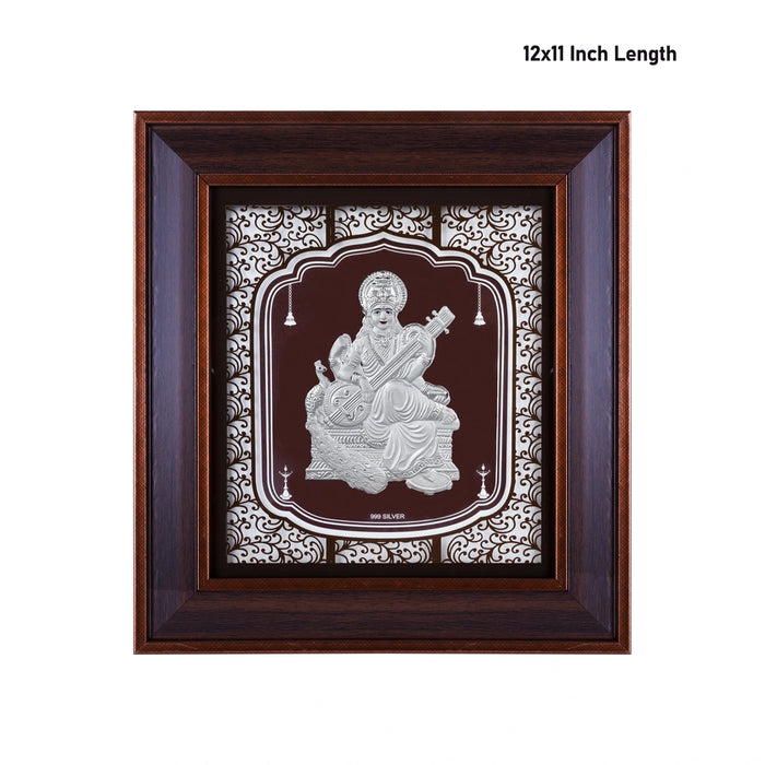 Saraswati Murti Photo Frame - 12 x 11 Inches | 999 Silver Foil Wall Picture Frame/ Wall Decor For Puja Room - Hindu God Photos & Frames