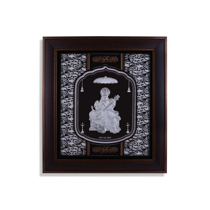 Saraswati Murti Photo Frame - 14 X 12 Inches | 999 Silver Foil Picture Frame/ Wall Picture For Pooja - Hindu God Photos & Frames