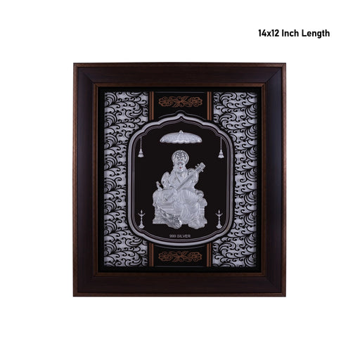 Saraswati Murti Photo Frame - 14 X 12 Inches | 999 Silver Foil Picture Frame/ Wall Picture For Pooja - Hindu God Photos & Frames
