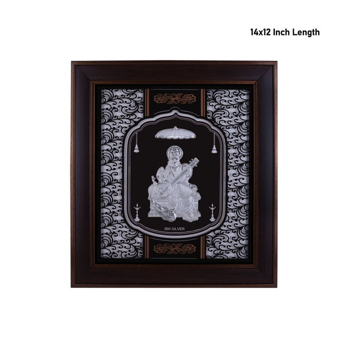 Saraswati Murti Photo Frame - 14 X 12 Inches | 999 Silver Foil Picture Frame/ Wall Picture For Pooja - Hindu God Photos & Frames