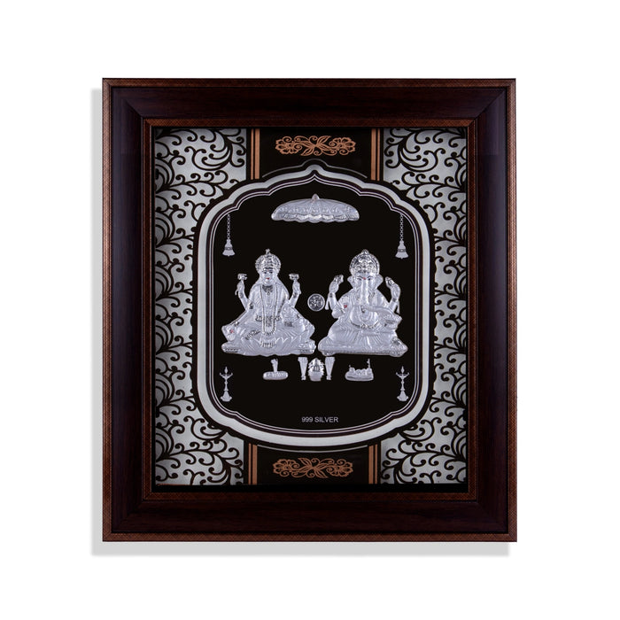 Lakshmi Ganesh Murti Photo Frame- 14 X 12 Inches | 999 Silver Foil Picture Frame/ Wall Picture For Pooja Room - Hindu God Photos & Frames