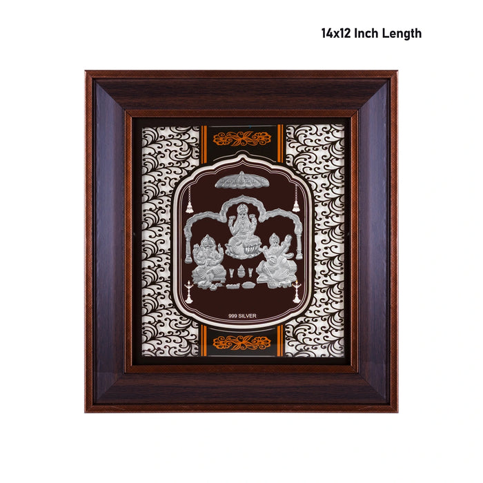 Lakshmi Ganesh Saraswati Murti Photo Frame- 14 X 12 Inches | 999 Silver Foil Picture Frame For Pooja - Hindu God Photos & Frames