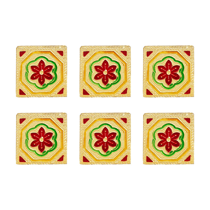 Pooja Chowki With Base Set - 1.25 X 2 X 2 Inches | 6 Pcs/ Gold Polish Bajot/ Flower Design Patla For Deity - Pooja Aasan & Bajot & Pooja Mat