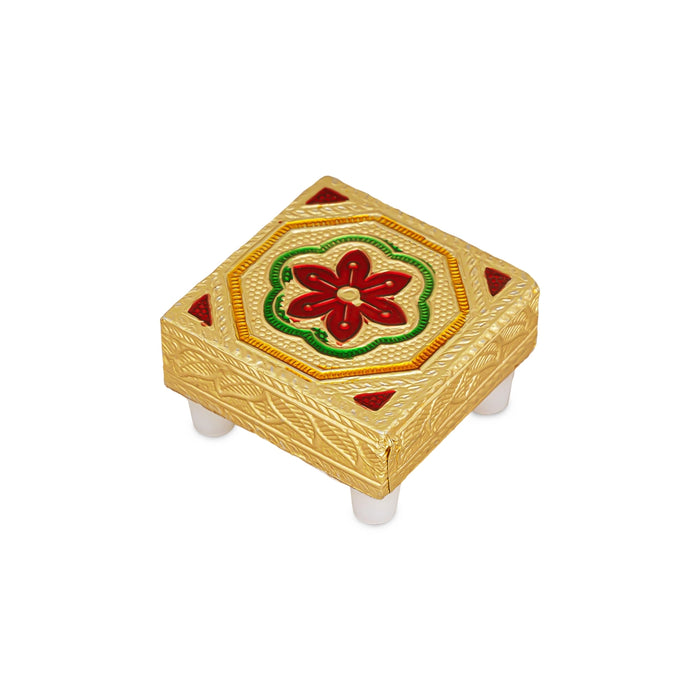 Pooja Chowki With Base Set - 1.25 X 2 X 2 Inches | 6 Pcs/ Gold Polish Bajot/ Flower Design Patla For Deity - Pooja Aasan & Bajot & Pooja Mat