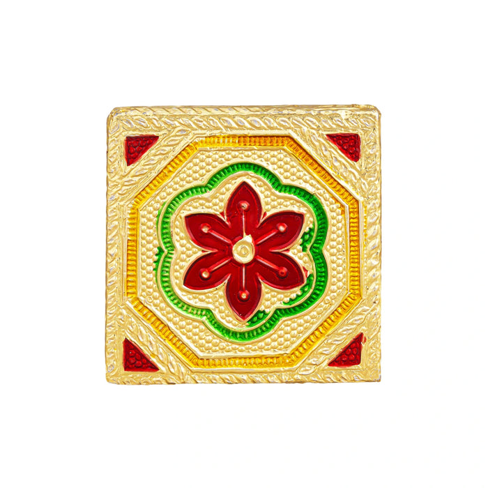 Pooja Chowki With Base Set - 1.25 X 2 X 2 Inches | 6 Pcs/ Gold Polish Bajot/ Flower Design Patla For Deity - Pooja Aasan & Bajot & Pooja Mat