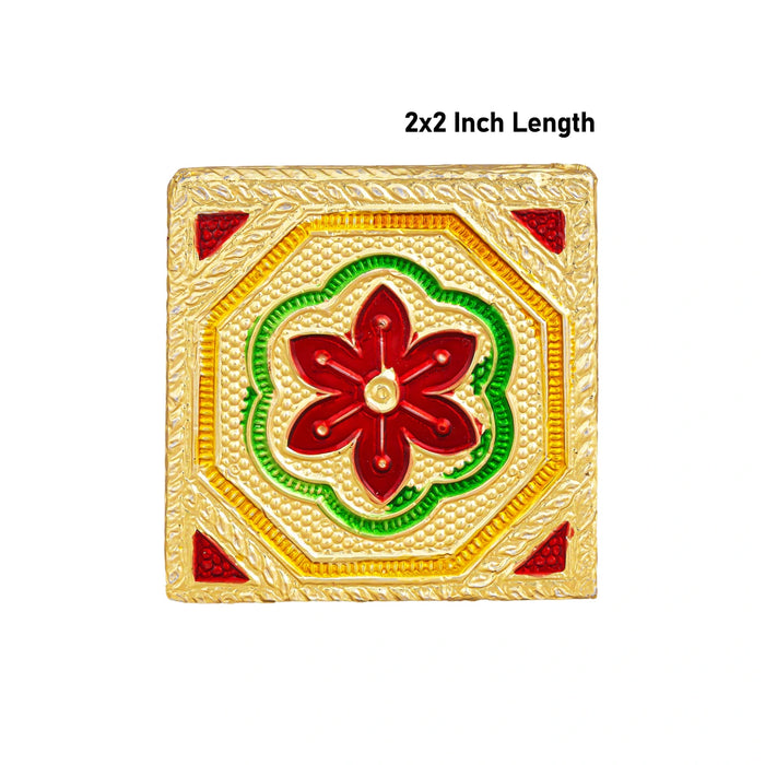 Pooja Chowki With Base Set - 1.25 X 2 X 2 Inches | 6 Pcs/ Gold Polish Bajot/ Flower Design Patla For Deity - Pooja Aasan & Bajot & Pooja Mat