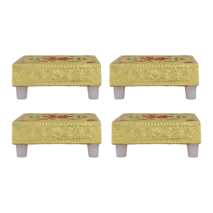 Pooja Chowki With Base Set - 1.25 x 3 Inches | 4 Pcs/ Gold Polish Bajot/ Flower Design Patla For Deity