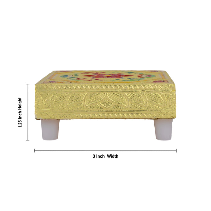 Pooja Chowki With Base Set - 1.25 x 3 Inches | 4 Pcs/ Gold Polish Bajot/ Flower Design Patla For Deity