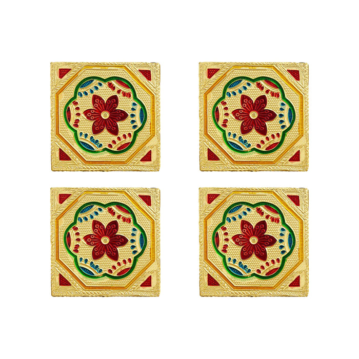 Pooja Chowki With Base Set - 1.25 X 3 X 3 Inches | 4 Pcs/ Gold Polish Bajot/ Flower Design Patla For Deity - Pooja Aasan & Bajot & Pooja Mat
