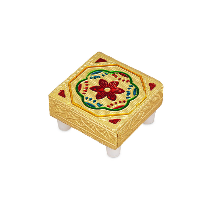 Pooja Chowki With Base Set - 1.25 X 3 X 3 Inches | 4 Pcs/ Gold Polish Bajot/ Flower Design Patla For Deity - Pooja Aasan & Bajot & Pooja Mat