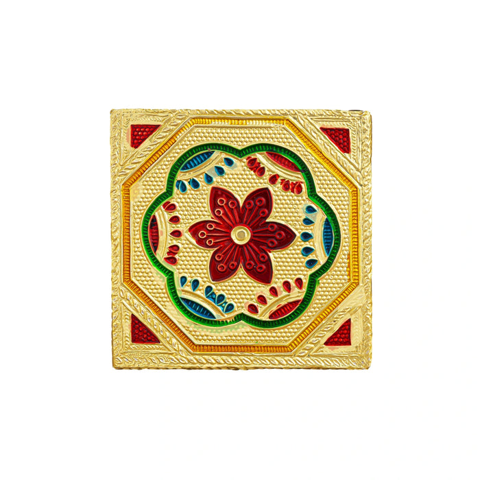 Pooja Chowki With Base Set - 1.25 X 3 X 3 Inches | 4 Pcs/ Gold Polish Bajot/ Flower Design Patla For Deity - Pooja Aasan & Bajot & Pooja Mat