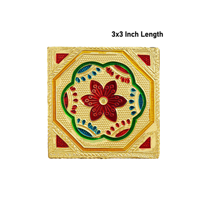 Pooja Chowki With Base Set - 1.25 X 3 X 3 Inches | 4 Pcs/ Gold Polish Bajot/ Flower Design Patla For Deity - Pooja Aasan & Bajot & Pooja Mat