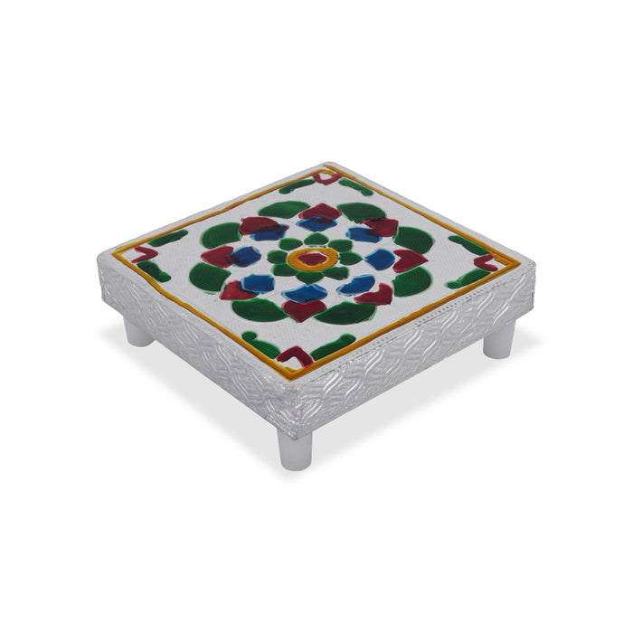 Chowki With Base - 1.5 x 3 Inches | Manai Palagai/ Silver Polish Bajot/ Flower Design Patla For Deity