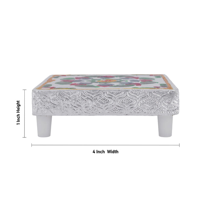 Chowki With Base - 1.5 x 3 Inches | Manai Palagai/ Silver Polish Bajot/ Flower Design Patla For Deity